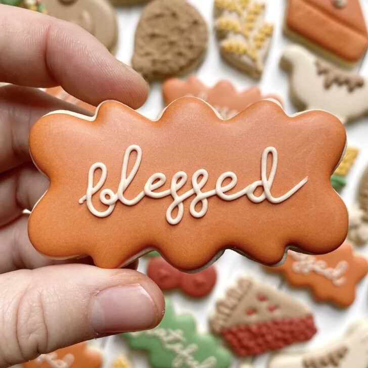 photo of cookie decorated with royal icing using shorelines font saying BLESSED