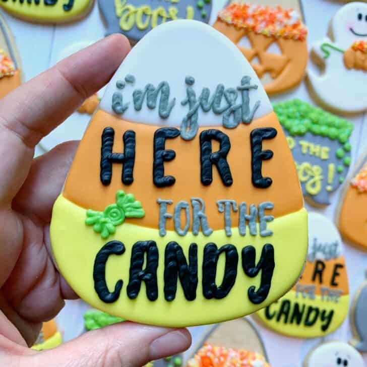 photo of writing with royal icing on a cookie: pressure piped saying IM JUST HERE FOR THE CANDY