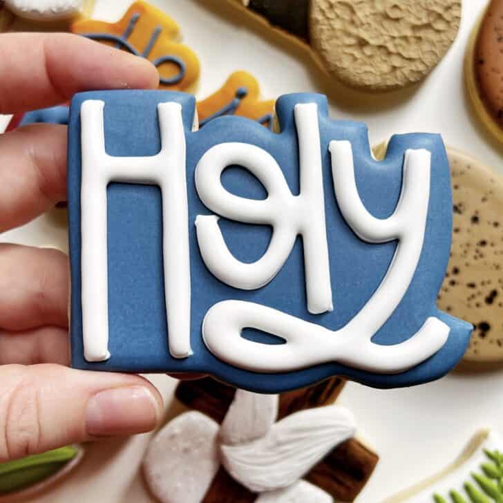 photo of writing with royal icing on a cookie: pressure piped saying HOLY