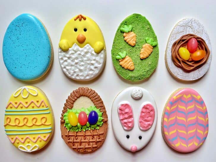 8 easter egg sugar cookies decorated with royal icing