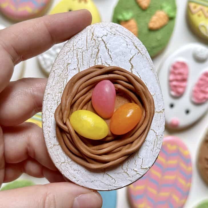 nest easter egg sugar cookie decorated with royal icing