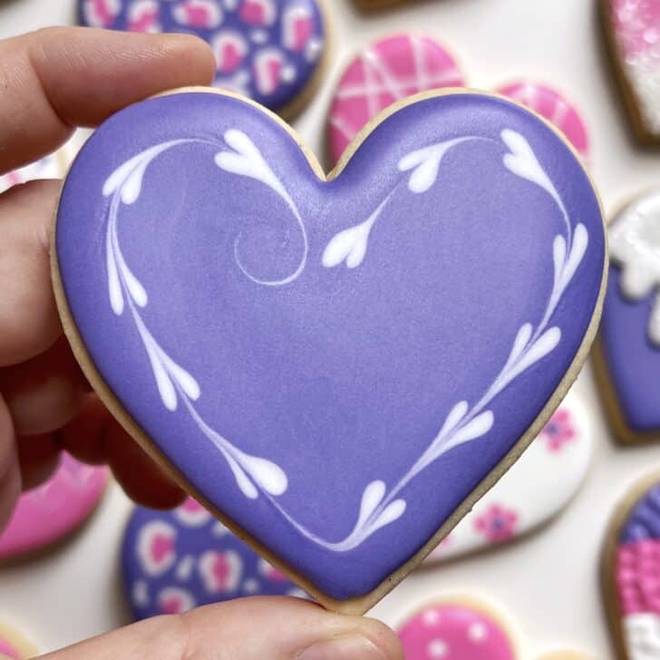 purple Easy Valentine's Day Cookies decorated with royal icing 
