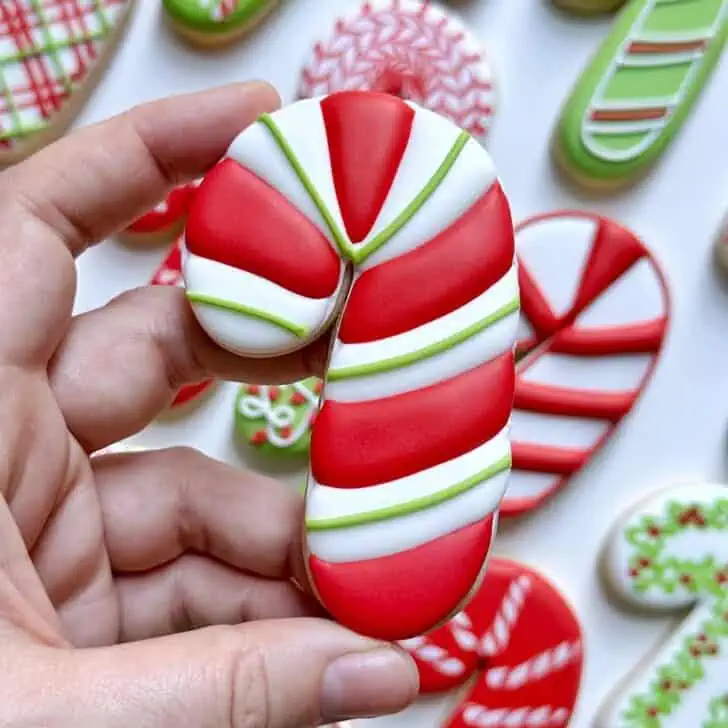 puffy Candy Cane Decorated Cookies with royal icing