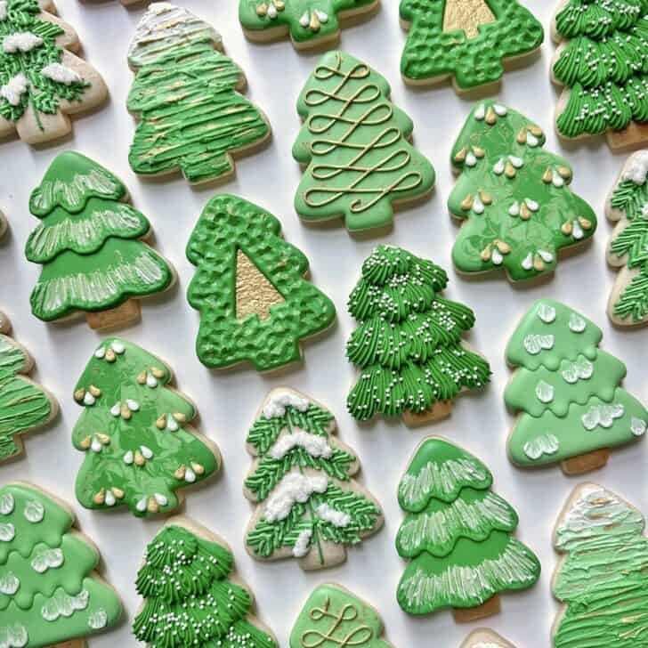 Decorated Christmas Tree Cookies with royal icing