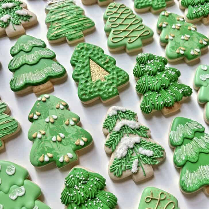 Decorated Christmas Tree Cookies with royal icing