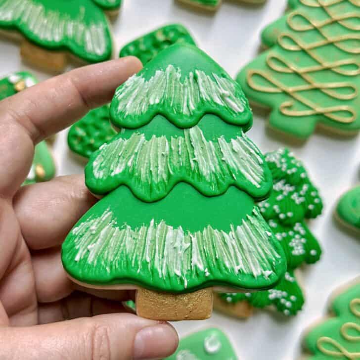 brush embroidery christmas tree cookie with royal icing