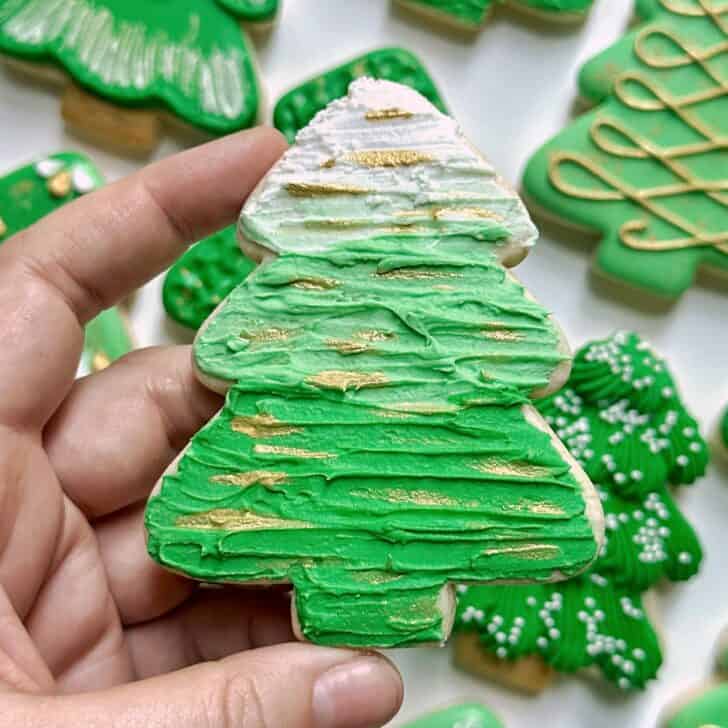 painted christmas tree cookie with royal icing