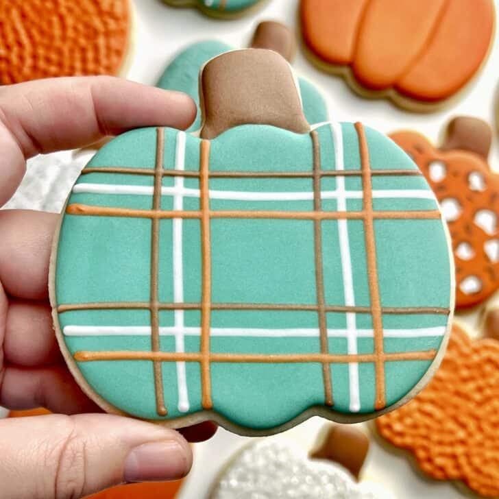 teal plaid Pumpkin Cookies with royal icing