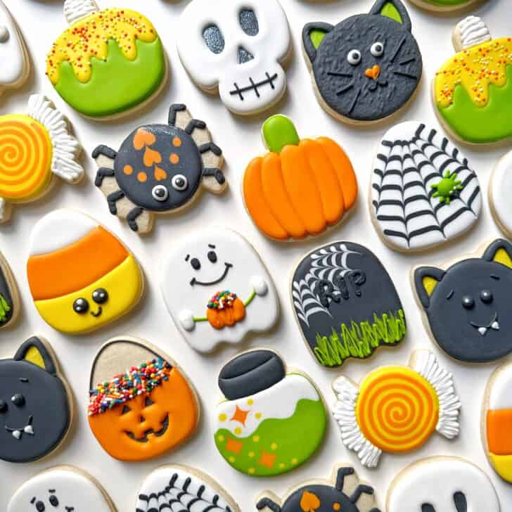 photo of cute decorated halloween cookies decorated with royal icing