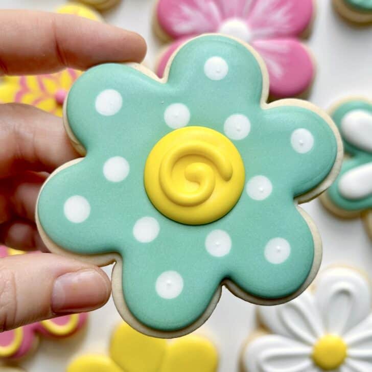 polka dot flower cookies decorated with royal icing
