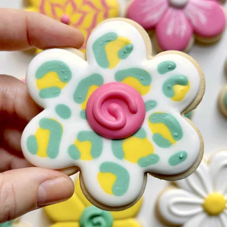 leopard flower cookies decorated with royal icing