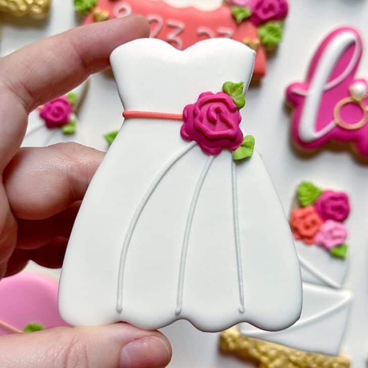 wedding dress bridal shower cookies decorated with royal icing