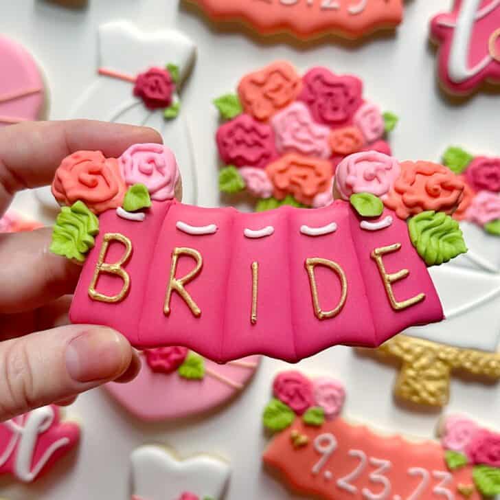 bride banner bridal shower cookies decorated with royal icing