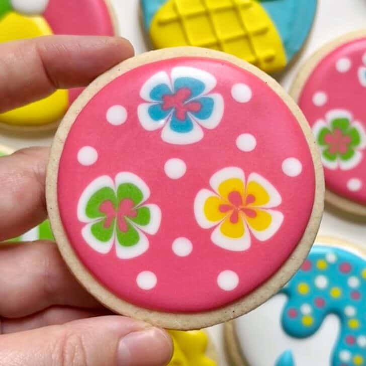 tropical flower cookie decorated with royal icing 