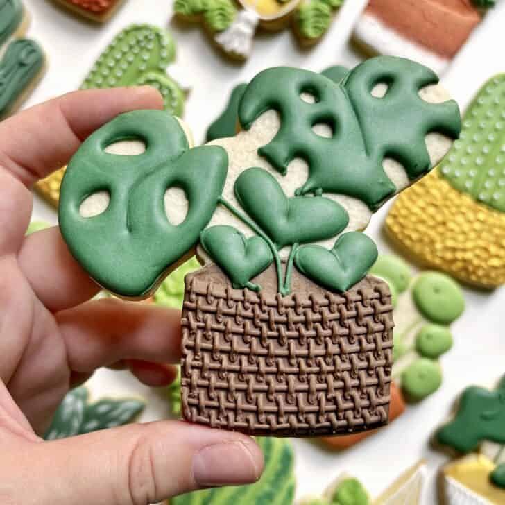 monstera Cookies decorated with royal icing