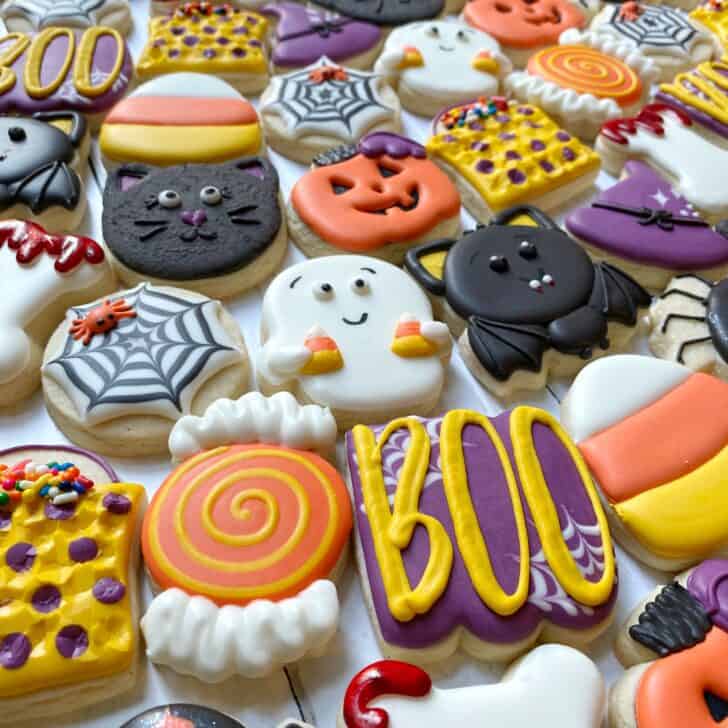 mini halloween cookies decorated with royal icing