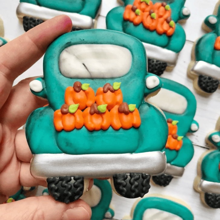 pumpkin truck cookies decorated with royal icing 