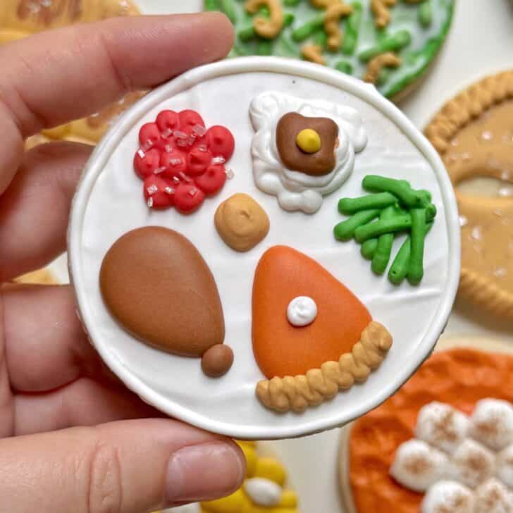 thanksgiving dinner plate cookie decorated with royal icing