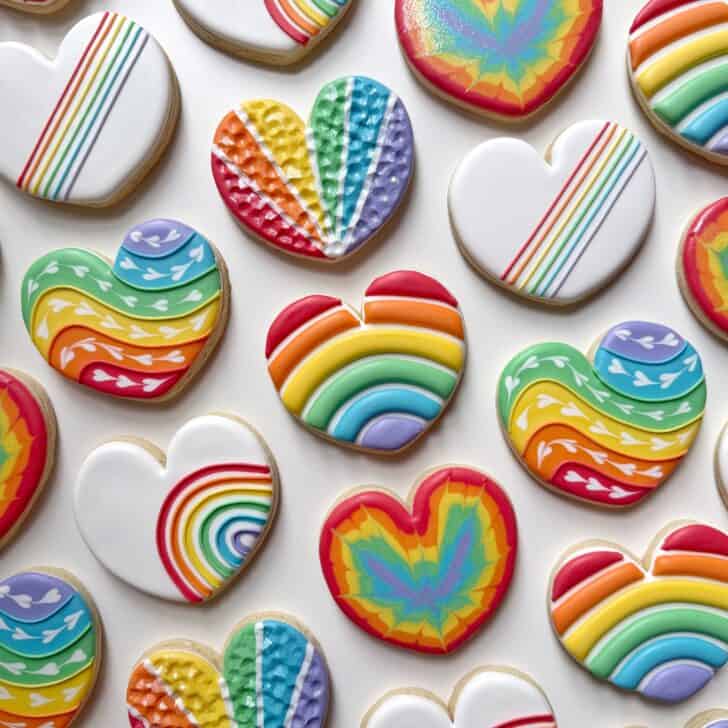 rainbow heart cookies decorated with royal icing 