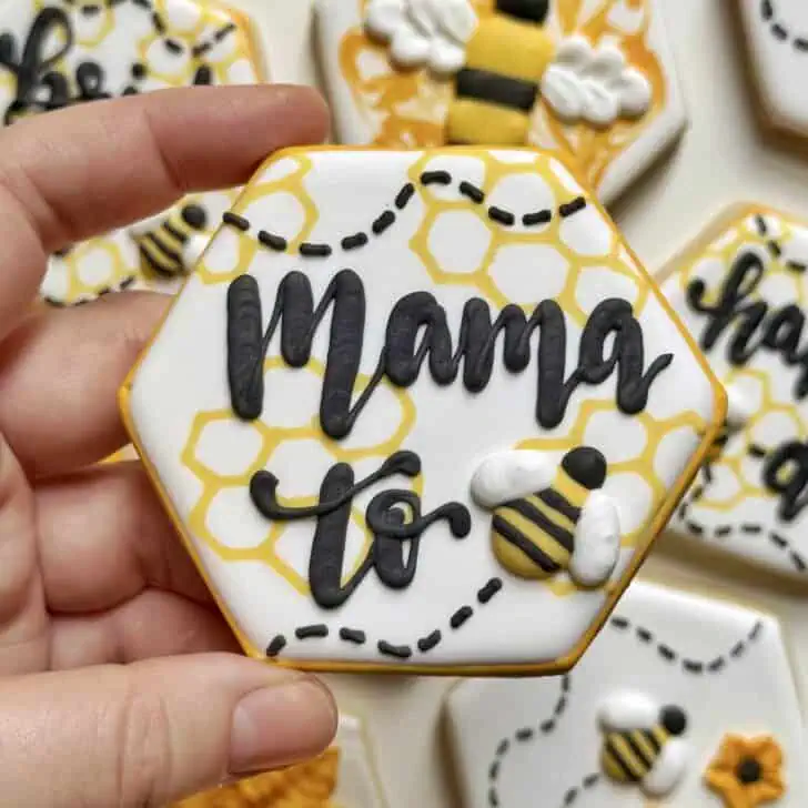 mama to bee cookies decorated with royal icing