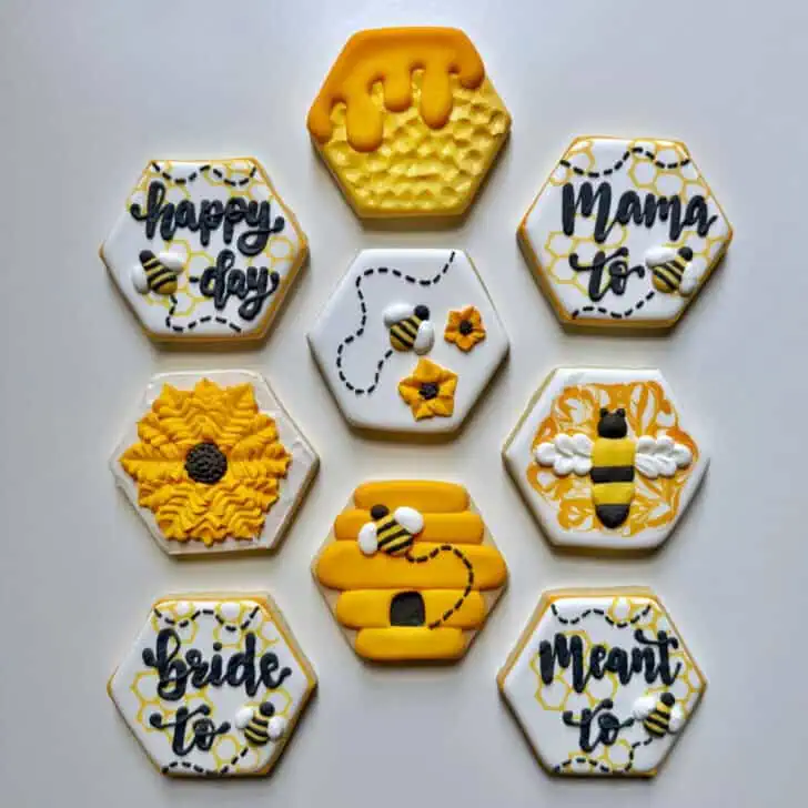 bee cookies decorated with royal icing