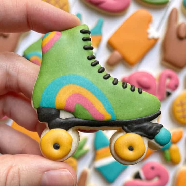 roller skates cookie decorated with royal icing 