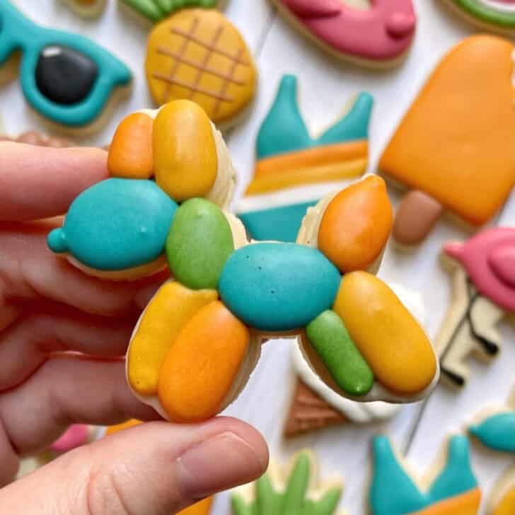 balloon dog cookie decorated with royal icing 