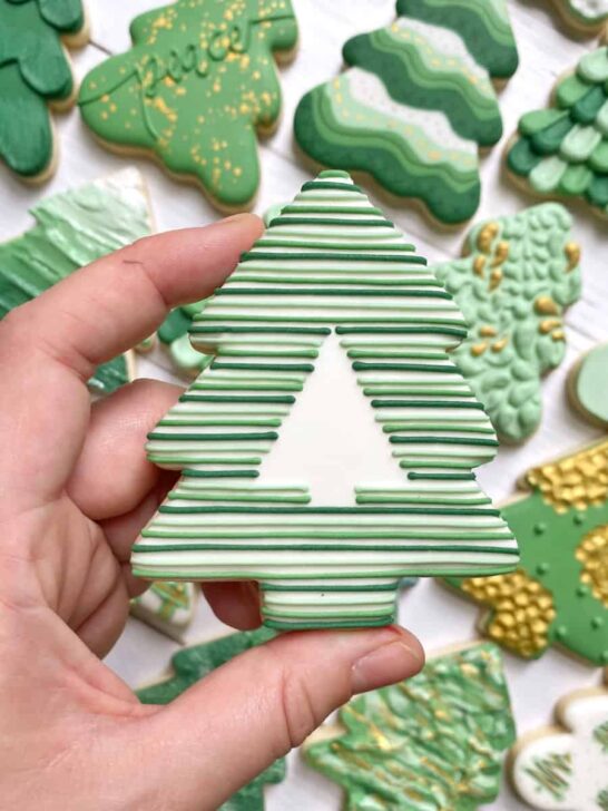 lines Christmas tree cookies decorated with royal icing