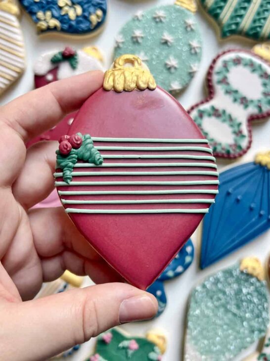 burgundy ornament cookies decorated with royal icing for christmas 