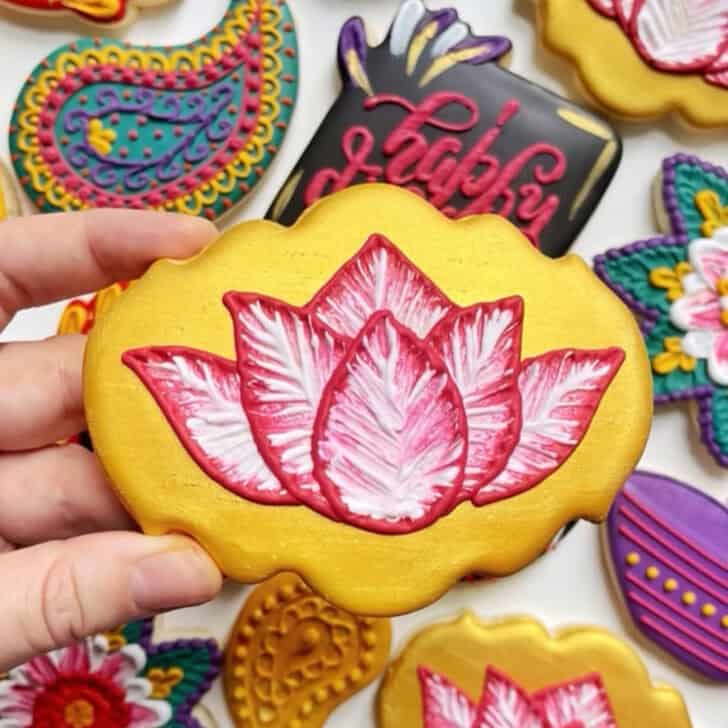 lotus flower cookies decorated with royal icing