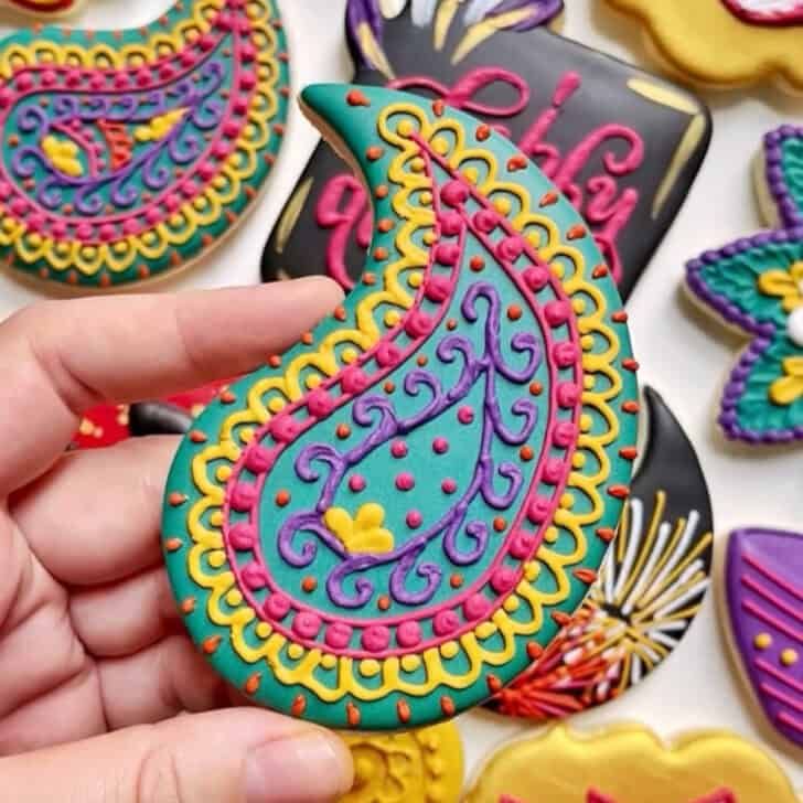 paisley cookies decorated with royal icing