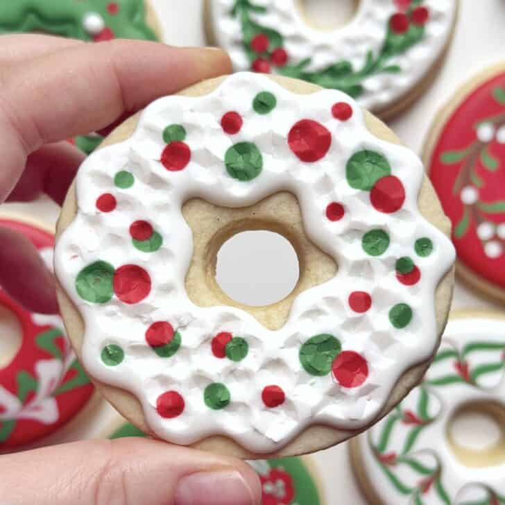 easy christmas wreath cookies decorated with royal icing