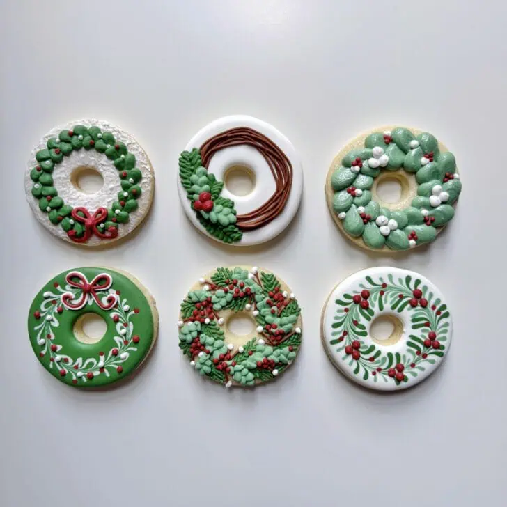 christmas wreath cookies decorated with royal icing