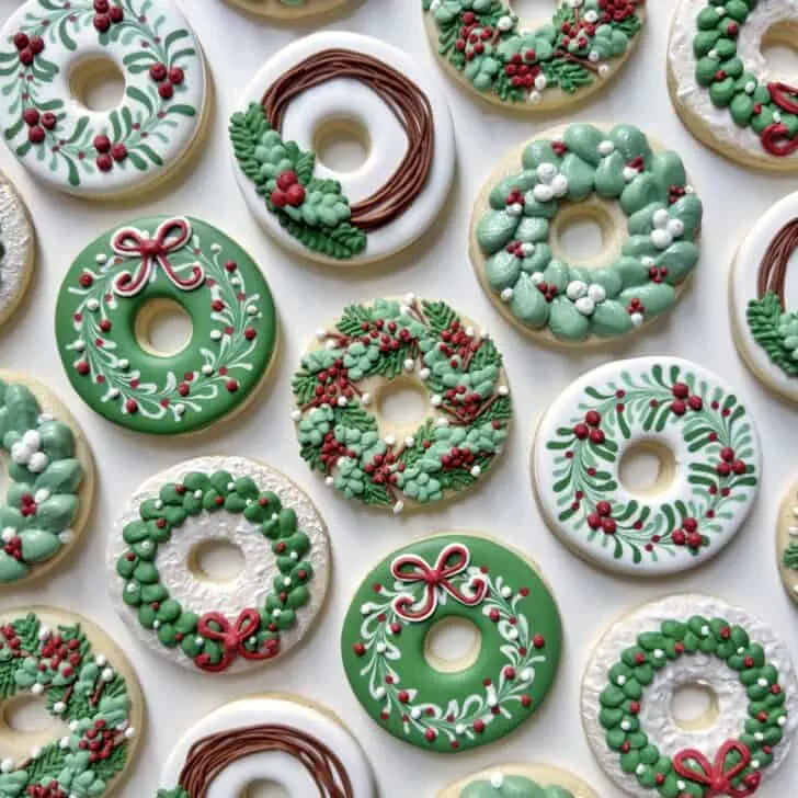 christmas wreath cookies decorated with royal icing