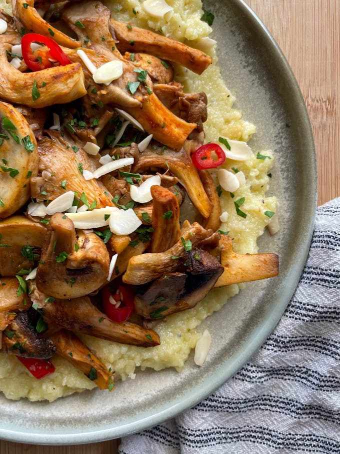 פטריות מוקפצות על מצע של סקורדליה