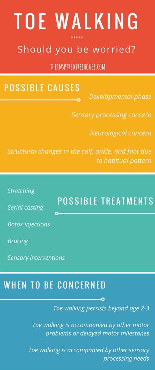 Infograph about Toe Walking, including possible causes, toe walking treatments, and when to be concerned.