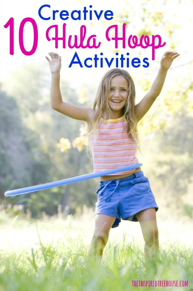 Girl with a hula hoop standing in the grass. Text about creative hula hoop games and activities