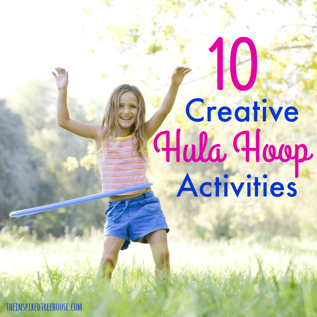 Girl with a hula hoop, standing in the grass. Text about Creative Hula Hoop Games and Activities