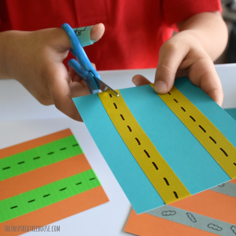 The Inspired Treehouse - This cutting activity for kids comes straight from our book, Playful Learning Lab for Kids! A great way to practice cutting while learning about transportation.