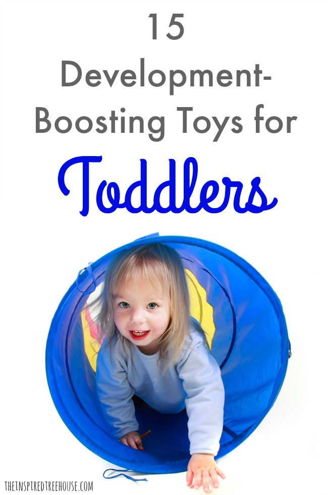 Little girl crawling through tunnel with the text "15 Development-Boosting Toys for Toddlers".