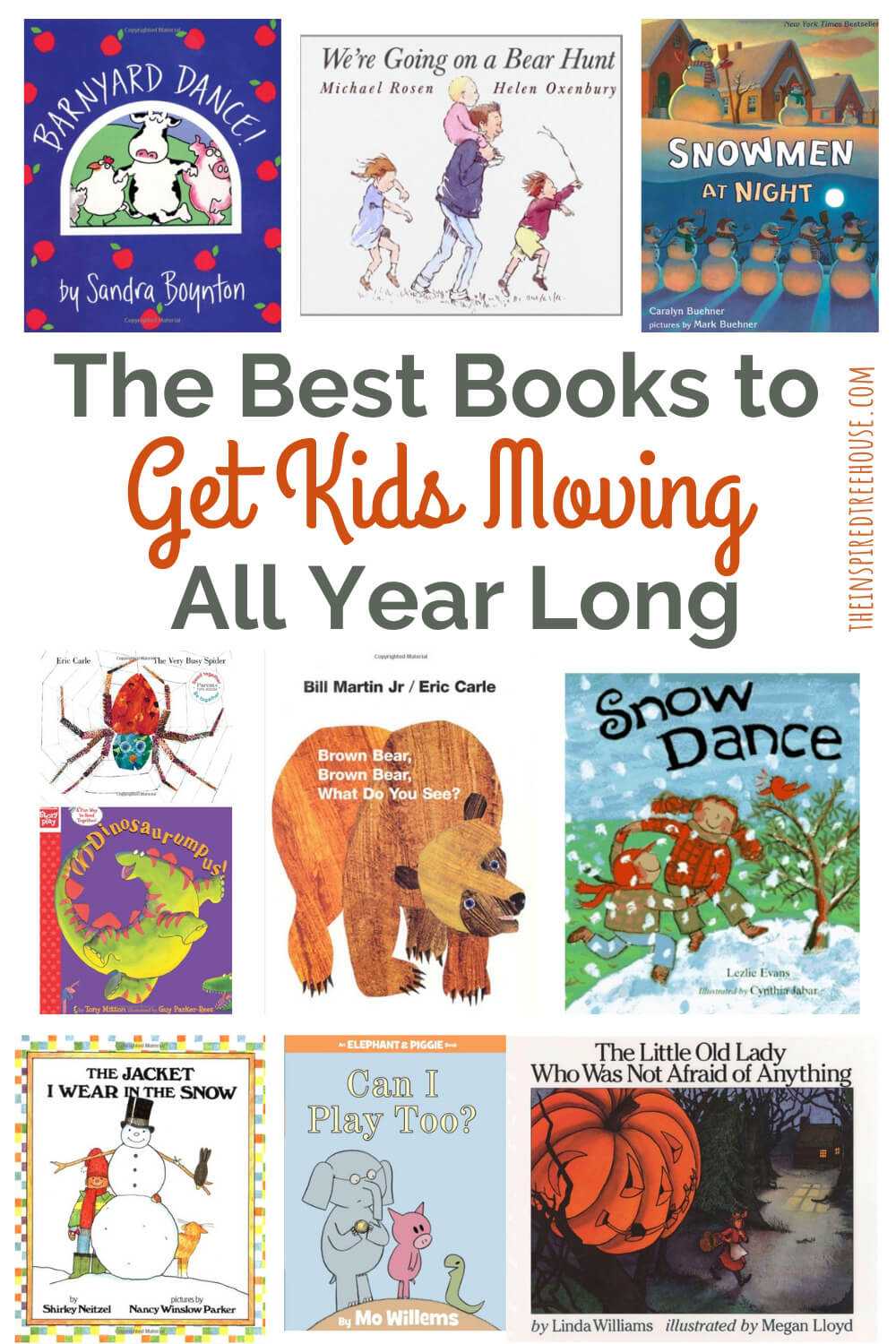 Covers of movement books for kids that encourage gross motor actions. Text reads "The Best Books to Get Kids Moving All Year Long"