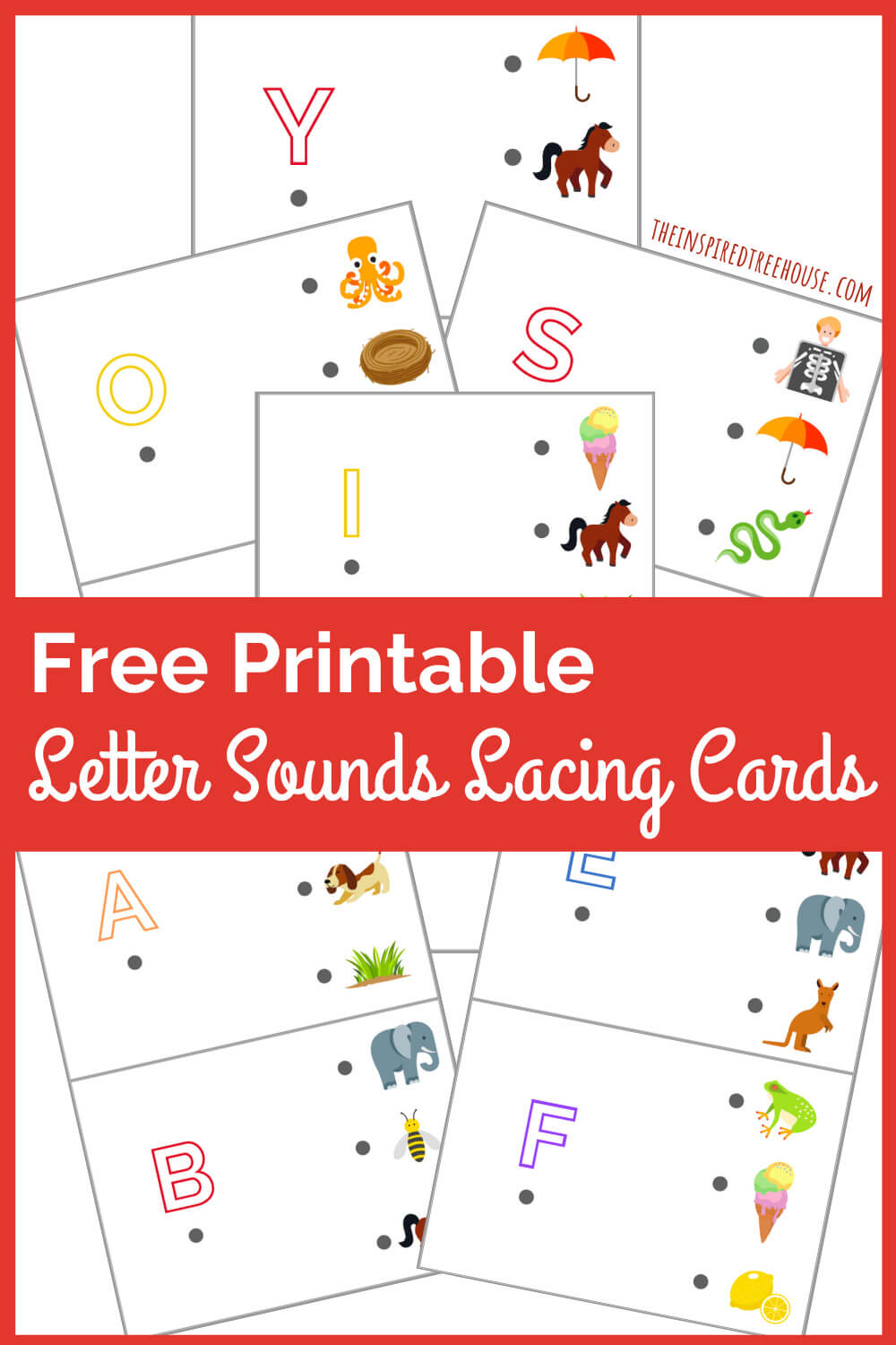 Free printable lacing cards with letters and colorful pictures