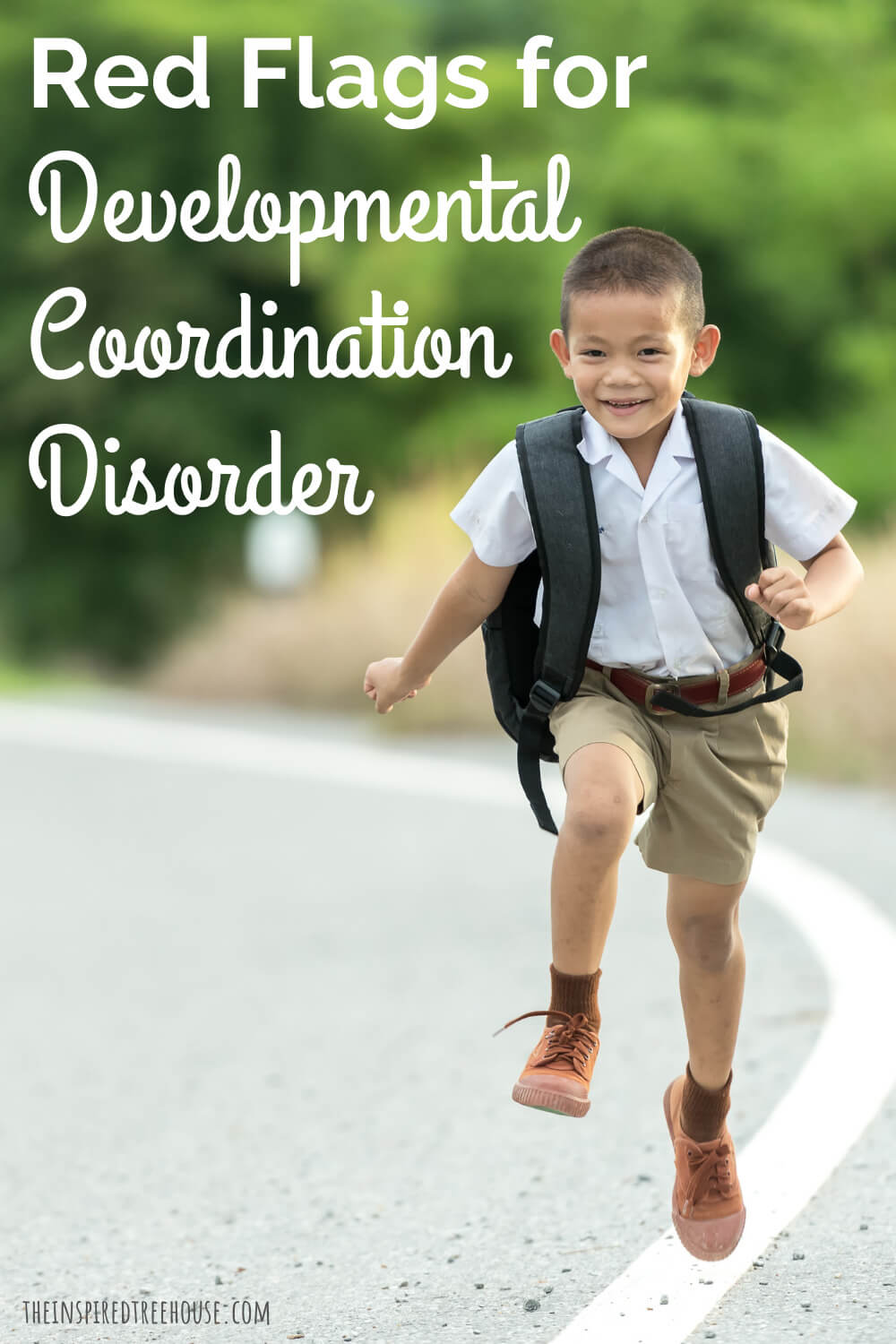 Child running, wearing backpack, text says Red Flags for Developmental Coordination Disorder