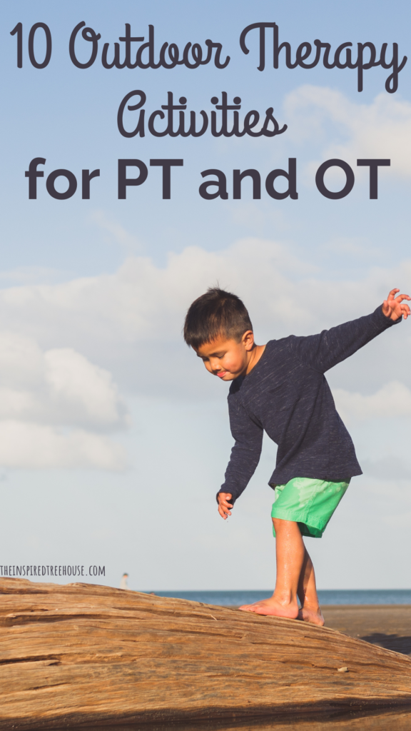 Child balancing on a rock with bare feet. Text reads: 10 Outdoor Therapy Activities