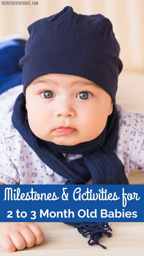 Picture of baby lying on tummy with text that reads milestones for 2 month old to 3 month old babies