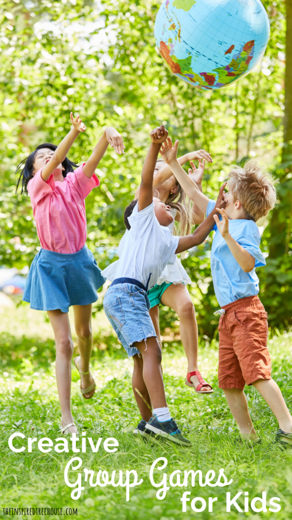Kids playing outside on the grass, hitting a ball into the air. Text reads Creative Group Games for Kids