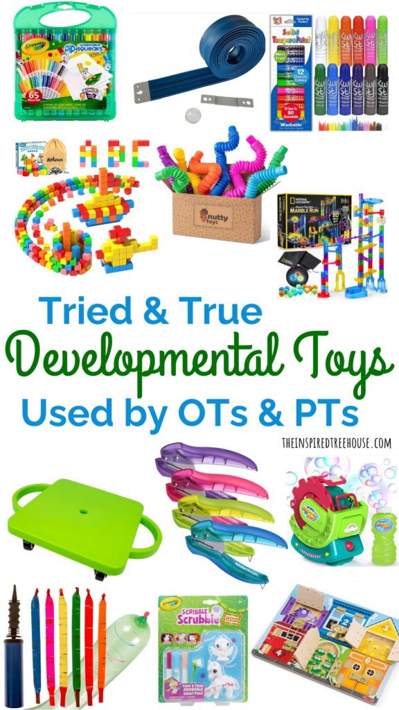 Image shows developmental toys that are used by physical therapists and occupational therapists to boost developmental skills. Text reads "Tried & True Developmental Toys Used by OTs & PTs"