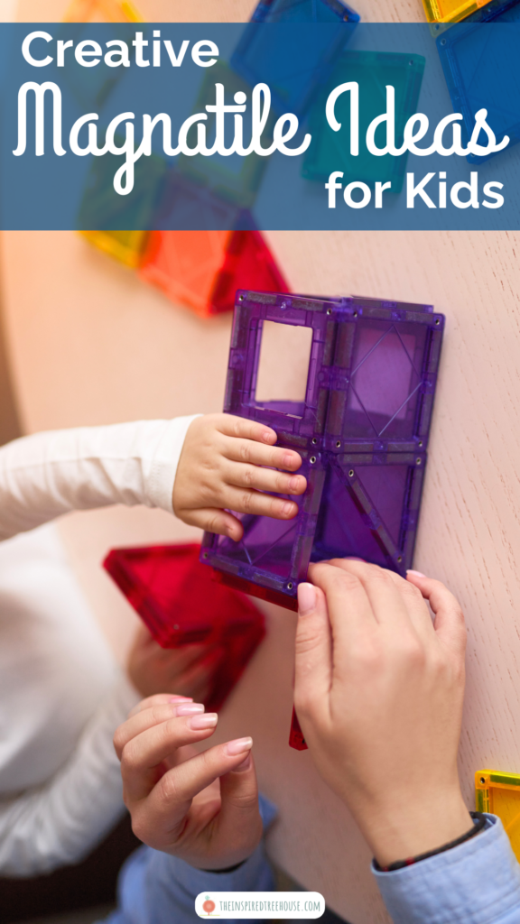 child playing with magnetic blocks, text reads "creative magnatile ideas for kids"