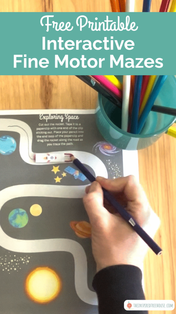 Image of free printable mazes with cup of colored pencils. Text reads Free Printable Interactive Fine Motor Mazes.