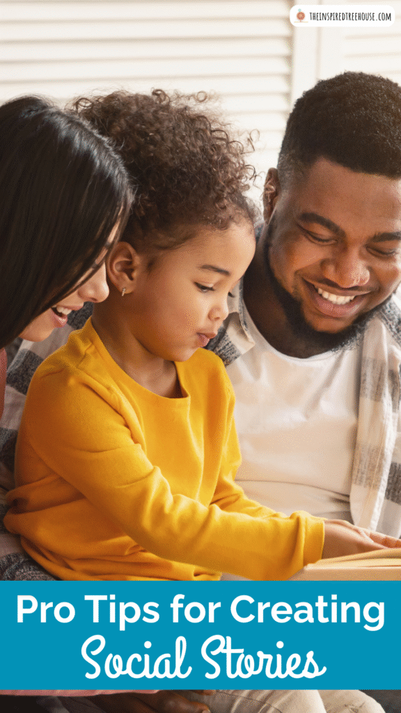 Parents reading story with child. Text reads Pro Tips for Creating Social Stories.